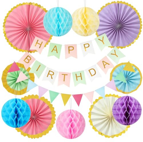 OSDUE Wiederverwendbare Geburtstagsdeko, 26 Stück Regenbogen Partydekoration Set Happy Birthday Girlande Wimpelkette Wabenbälle Papierfächer Wiederverwendbare Party Deko für Männer Frauen (Regenbogen)