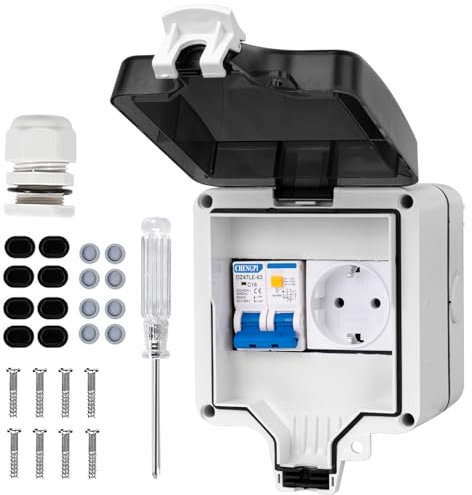 CHENGPI Caja Distribucion Electrica Montada En Superficie, Cuadro Electrico Premontado con Protección Contra Fugas 16A y Enchufe, Caja de Distribución Impermeable IP66|4 Módulos