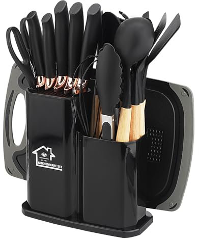 Set Coltelli da cucina, Set di utensili da cucina da 19 pezzi, set di utensili da cucina in silicone, include cinque coltelli e un tagliere, con scatola di conservazione (nero).