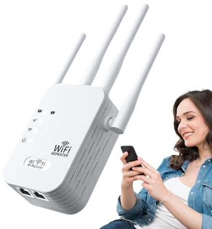 Wifi-förlängare och trådlös repeater -1 200 Mbit/s Band (5 GHz/2,4 GHz) Booster med 4 Ethernet-portar | installation och långvarig rapportering