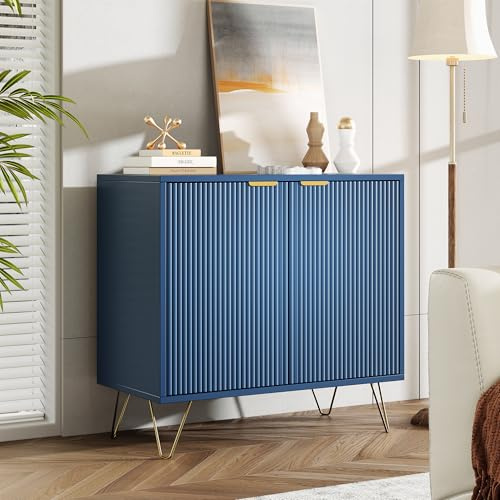 YGHQAP Cassettiera, bassa, a 2 ante, armadio portaoggetti, blu marina, cassettiera moderna, maniglia e piedi in metallo, color oro, per cucina, soggiorno, camera da letto
