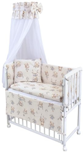 Generisch Baby Delux Beistellbett Set Babybett Komplett Set Stubenwagen weiß 90x40 mobil mit Rädern inkl. Bettwäsche Matratze (Teddy beige)