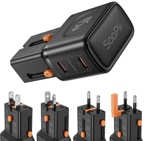 SooPii Gan USB C Charger 45W, 2 Port PD PPS Universal Travel Adapter, All-in-One Travel Charger with US UK EU AU Plug for for Galaxy S25/S24/Note 20, iPhone 16/15/14, iPad, MacBook, Pixel