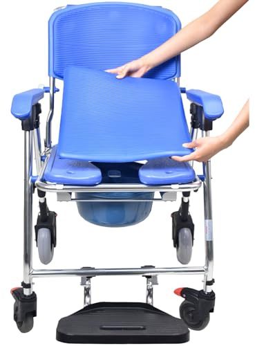 Silla Ducha WC con Ruedas Plegable, Silla de Ducha con Ruedas para Personas Mayores, Silla Inodoro y Ducha de Aluminio con Reposabrazos y Respald - Impermeable y Antideslizante