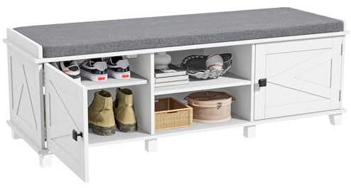 Skokliz Panca per scarpe, 120 x 40 x 40 cm, scarpiera da ingresso con cuscino imbottito, panca da corridoio con 6 ripiani aperti e ripiano regolabile, mobiletto portaoggetti per ingresso, soggiorno
