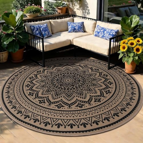 Homcomodar Alfombra redonda de 120 cm, aspecto de yute, alfombra para salón, exterior, lavable, estilo bohemio, marrón, para dormitorio, balcón, terraza