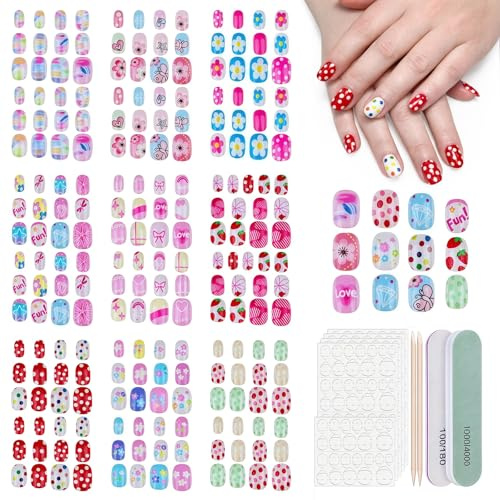 BelleFlair 216 piezas Uñas Postizas para Niños, Uñas Coloridas Cortas Set para Niñas, Dulces Motivos de Flores y Fresas Uñas Postizas para Niños, Kawaii Uñas de Arte para Aplicar