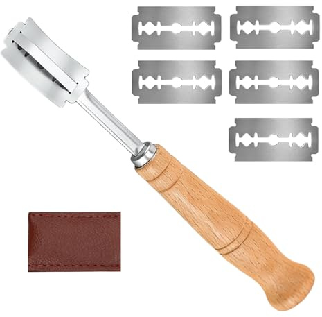 Dargkwn Cuchillo de Panadero con Funda de Cuero y 5 Hojas, Cuchillo para Cortar Pan, Portacuchillas de Precisión para Pan y Baguettes, Mango Ergonómico de Madera