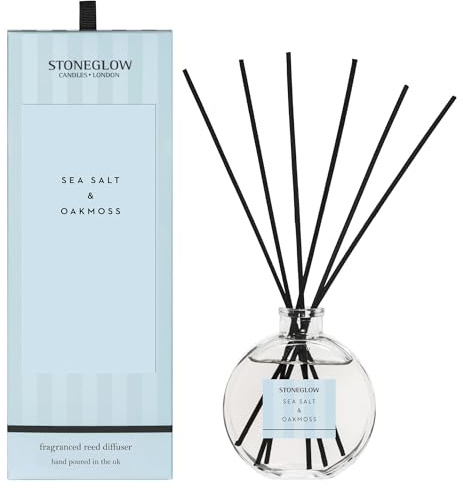 Stoneglow Modern Classics Sea Salt & Oakmoss Scented Reed Diffuser 120ml with 12 Rattan Reed Diffuser Sticks – Fragranced Home Air Freshener, Lasts 10 Weeks, Refillable Fragrance, Made In The UK