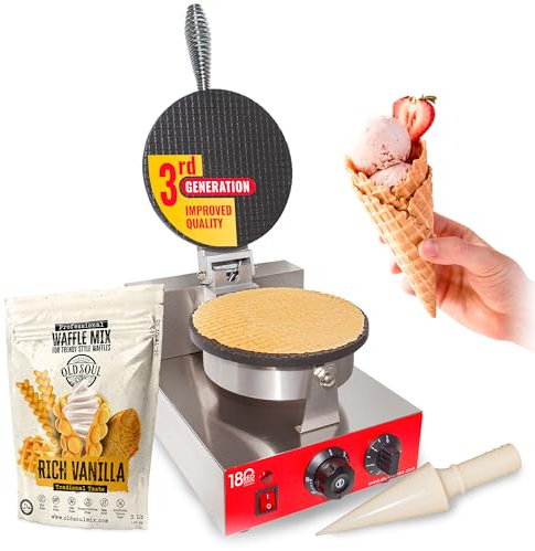 ALDKitchen Commercial Waffle Cone Maker - Stainless Steel Ice Cream Cone Machine, 1-Head 1000W Nonstick, Adjustable Temp & Timer - Includes Cone Roller & Free Vanilla Mix