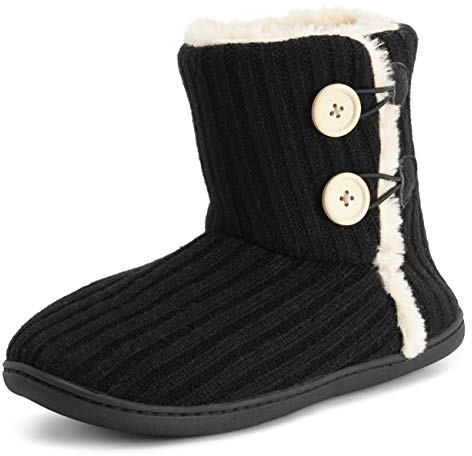 Polar Womens Memory Foam Knitted Button Faux Fur Outdoor Rubber Sole Plush Winter Comfort Slippers - Black - UK7/EU40 - YC0716