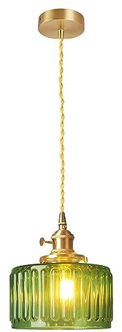 HJXDtech Vintage Glas Lampenschirm Pendelleuchte mit Schalter, Messing E27 Lampenfassung, Industrielle Retro Hängelampe für Schlafzimmer Küche & Esszimmer (Grün)