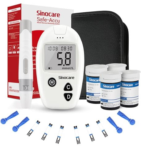Sinocare Safe Accu Blood Sugar Monitor, Blood Sugar Test Kit 100 Strips & 100 Lans., Blood Glucose Monitors, Diabetes Testing Kit for UK Home Use, No Coding Glucometer in mmol/L