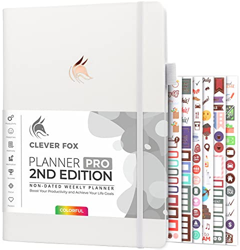 Clever Fox Planner PRO 2nd Edition – Undated Weekly Agenda for Tasks & Time Management – Life Organizer with To-do List, 21.5x28cm (White)