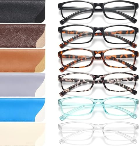 Gaoye 6 Pack Reading Glasses Blue Light Blocking for Women Men, Magnifying Readers Glass Anti UV Eyeglasses with 6 Leather Case