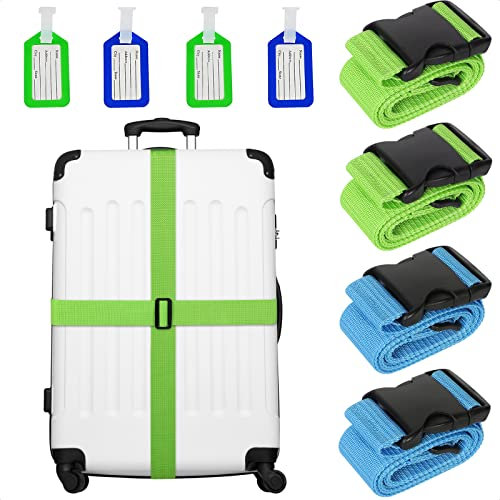 BOZILY Kofferbänder 4er Set mit 4er Anhängern, Einstellbare Kofferband 4er Set, Personalisiert Koffergurte, Koffergurt 4er Set mit namensschild (Blau und Grün)