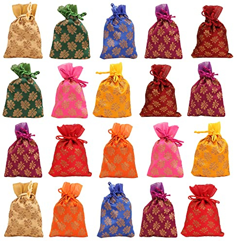 Touchstone Drawstring Bags Traditional Indian Handcrafted in Mimosa leaf Pattern Brocade fabric. Perfect Gifts Jewelry Weddings Sweet Distribution Set of 20 Vibrant Multicolor Pouches Purses Potli.