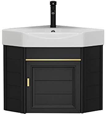 Lavabo Suspendido,Lavabo Cerámica de Esquina Baño,Lavabos Pequeños con Fría y Caliente Grifo y Desbordamiento,Fregadero Cocina Esquina,Lavamanos baño,para Interior y Exterior ( Color : Nero , Size : 3