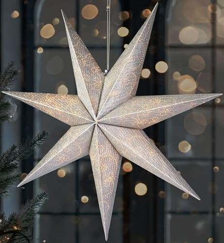 BRUBAKER 60 cm Estrella de Navidad de Interior - Estrella de Adviento LED para Colgar - Estrella Luminosa de Papel 3D para Colgar para Decoración Navideña - Iluminable con Pila Navidad - Plateada