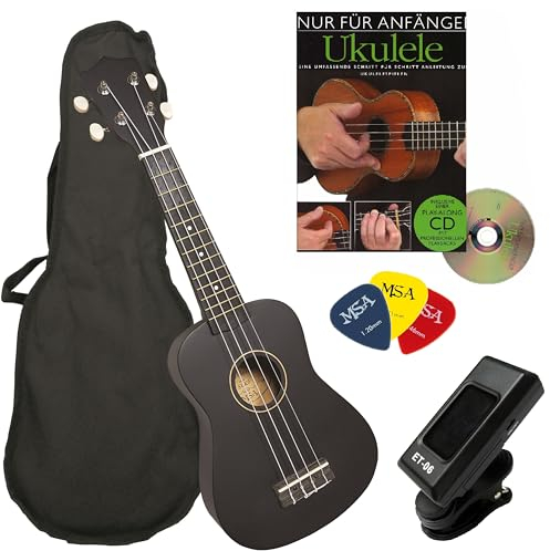 SOPRAN UKULELE 21 - SCHWARZ - IM SET INCL. NYLONTASCHE - LEHRBUCH - TUNER - PIKS SOPRANUKULELE