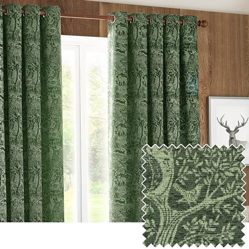 furn. Winter Woods Chenille Eyelet Curtains (Emerald - 229x229cm) | Room darkening chenille curtains featuring a woodland animal pattern, eyelet heading and two panels