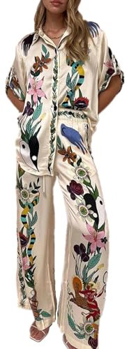Yassiglia Women Summer Boho Print 2 Piece Outfits Button Down Shirt and Wide Leg Pants Set Holiday Lounge Wear Beachwear Trouser Suits for Women (A-White&Pants, L)