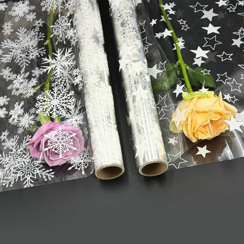 DOJoykey Rotolo di cellophane, 2 pezzi, 3 m x 80 cm, carta da regalo trasparente a forma di stella e fiocco di neve, per Natale e occasioni
