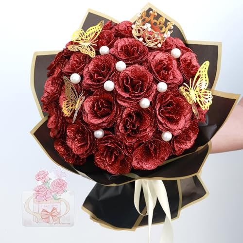 Glitter Roses Bouquet, 24 Pcs DIY Shiny Artificial Flowers with Stems