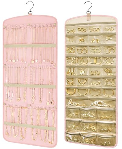 Aucuu Dual-sided Jewelry Organizer Hanging, Hanging Jewelry Organizer, Jewelry Roll with Metal Hooks, 39 Pockets and 3 Wave-Shaped Hooks, Double Side Large Jewelry Holder for Earrings Necklaces Rings