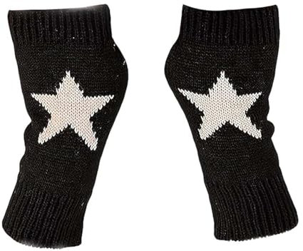 FEZTGVOFA Warm Fingerless Star Print Knitted Gloves, Autumn Winter Star Pattern Warm Gloves, Knit Mittens Half, Finger Warmers for Girls Ladies Kids, for Winter Outdoor Activities and Driving (Black)