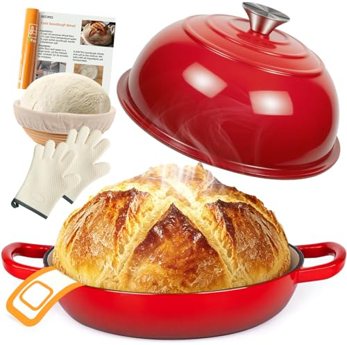 Pentola per Pane in Ghisa da 5,7L, Con Coperchio e Tappetino in Silicone, Pentola in Ghisa per Cuocere il Pane,26 cm Dutch Oven Multifunzione per Cuocere, Brasare, Arrostire, Stufare (Rossa)