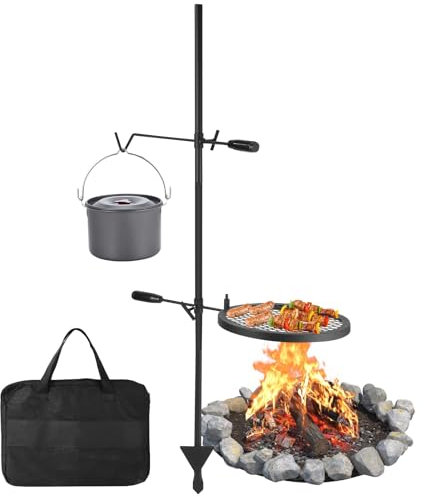 Swivel Campfire Grill Adjustable Heavy-Duty Steel Grate 34cm, Over Fire Pit Camping Grill With Carrying Bag Campfire Cooking Equipment for Outdoor Camping BBQ