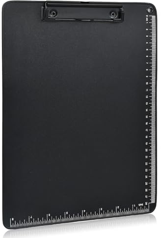 1 Pièces Porte-Bloc en Aluminium A4,Planches à Pince avec des Clips Métallique Caoutchoutée,Clip Planches avec Règle Graduée,Bloc à pince pour École Bureau (Noir, A4)