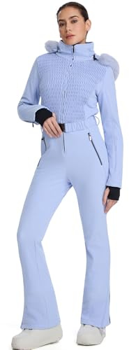 HOTIAN Damen Einteiler Skianzüge Skioverall Wasserdicht Winddicht Damen Schneeanzug Winter Warme Jumpsuit Snowboard Skisuit Mit Kapuze Blue M
