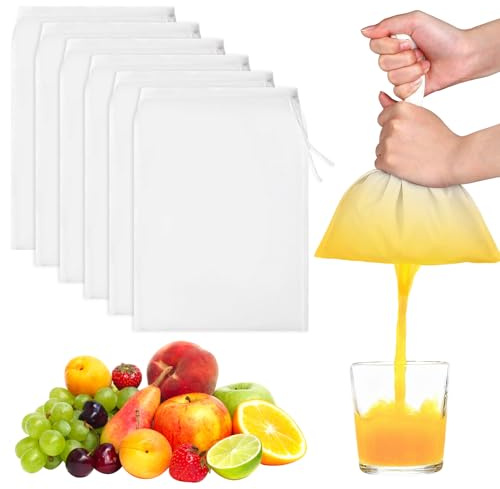 Nussmilchbeutel 6 Stück (20x30cm) – Wiederverwendbarer Filterbeutel aus Nylon mit Kordelzug, Feinfilter für Nussmilch, Säfte, Joghurt & Kaffee