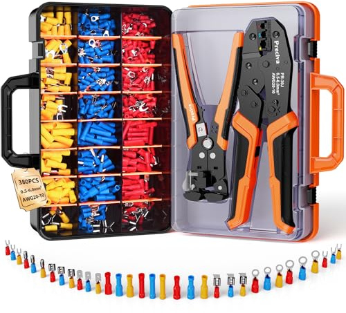 Preciva Juego de Crimpadora con 380 Terminales Eléctricos, Alicates de Crimpado AWG 20-10/0,5-6 mm², Kit de Conectores Aislados para Cableado, Automoción y Bricolaje