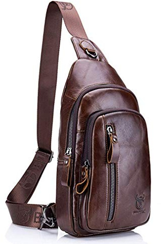 Hebetag Bolsos de cuero para hombres y mujeres para viajes al aire libre con espalda inclinada, mochilas de campamento de senderismo, bolsos de hombro, bolsos de pecho de ocio, Café