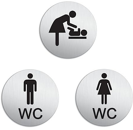 Targhetta per Porta - Toilette WC Donne Uomini Fasciatoio Set di 3 Targa Ø 75 mm Alluminio spazzolato auto-adhesiva