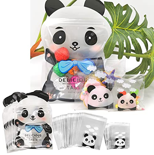 PandaOnly 300pcs Cute Panda Small Cookie Plastic Bags with Ziplock Bags, 2 Different Sizes, Self-Adhesive for Bakery, Biscuit, Chocolate