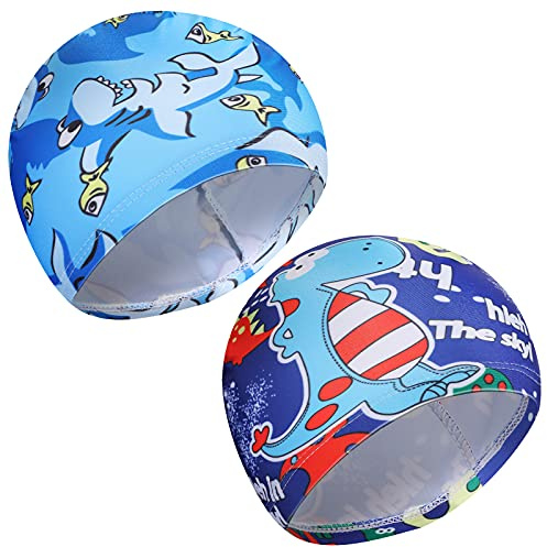 2 Pièces Bonnets de Bain Mignons Enfants Bonnet de Natation Dessin Animé Bonnet de Bain en Polyester Élastique Bonnet de Bain pour Garçons Filles de 1 à 8 Ans (Style Mignon)
