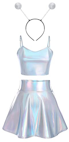 Disfraz de Alien para mujer, sexy, con purpurina, minifaldas y diadema de alienígena, Láser de plata espaguetis tirantes+diadema alienígena, S