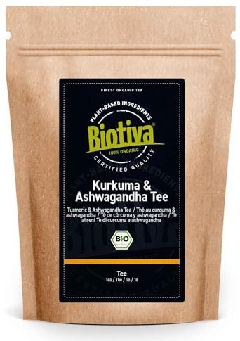 Curcmua e Ashwagandha è bio 100g | radice di curcuma (Curcuma longa) e Ashwaganda (W. somnifera) essiccate di alta qualità | imbottigliate e controllate in Germania | Biotiva