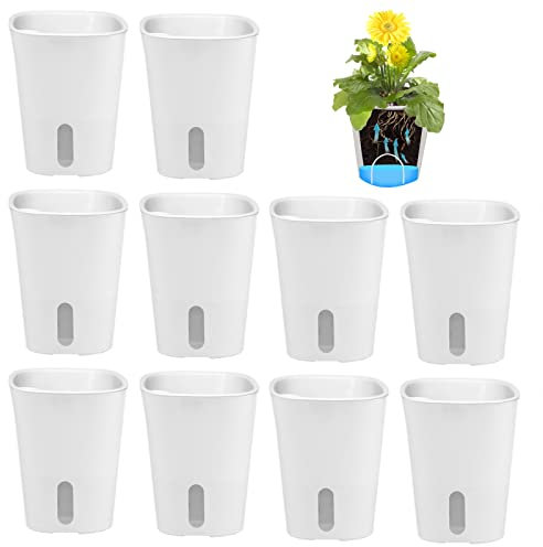 GDWD 10er Set Selbstwässernder Blumentopf, Selbstbewässerung Topf mit Wasserstandsanzeiger, Bewässerungstopf, Kräutertopf, Bewässerungssystem für Innen- und Außenbereich (9.5cm)
