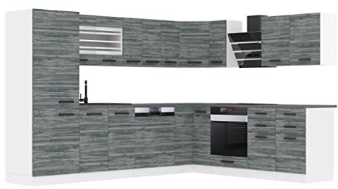 Belini Küchenzeile Küchenblock Küche L-Form Julie Küchenmöbel mit Griffe, Einbauküche ohne Elektrogeräten mit Hängeschränke und Unterschränke, ohne Arbeitsplatten, Glamour Wood
