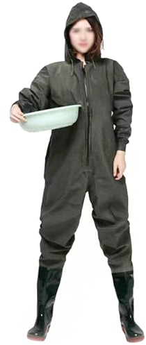 Wathose Zum Angeln Für Herren Wasserdicht Verschleißfest Wathose Für Damen Mit Stiefeln PVC Wathose Mit Kapuze Für Die Jagd Hochwasserhose Mit Reißverschluss Für Angeln Teiche,A without gloves,38
