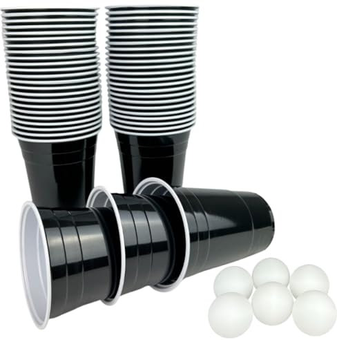 Vitavalley Plastikbecher in schwarz mit 6 Bällen - schwarzes Partybecher Set - 50 Premium Trinkbecher (473 ml) in schwarz + 6 Ping Pong Bälle