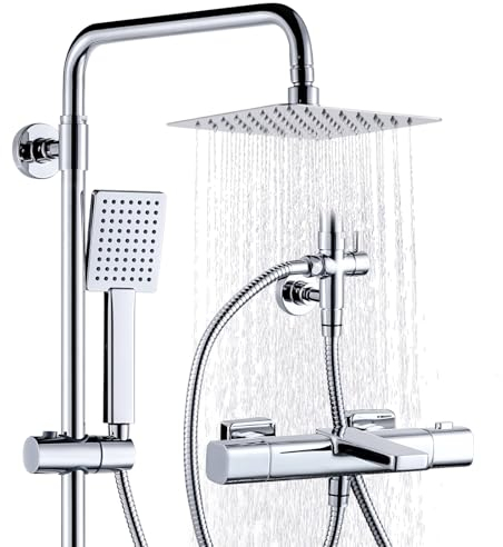 Système de douche avec thermostat, mitigeur de douche complet avec douche à effet pluie ronde de 30 cm, en acier inoxydable, 3 types de jets, douchette à main ABS, système de douche avec pommeau de