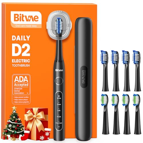 Cepillo de Dientes Eléctrico Bitvae D2, para Adultos y Niños, Recargable, con 8 Cabezales y 5 Modos, Temporizador Inteligente, Soporte para Cepillos de Dientes, Negro Brillante