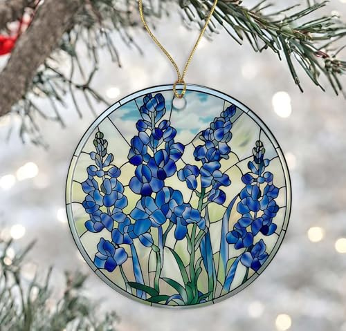 GreenStar Gifts Birth Month Flower Stained Glass Ornament, July Birthday Gift Ornament, Larkspur Ornament Ceramic, Flower Sun Catcher, Larkspur Flower, Faux Stained Glass Printed on Both Sides