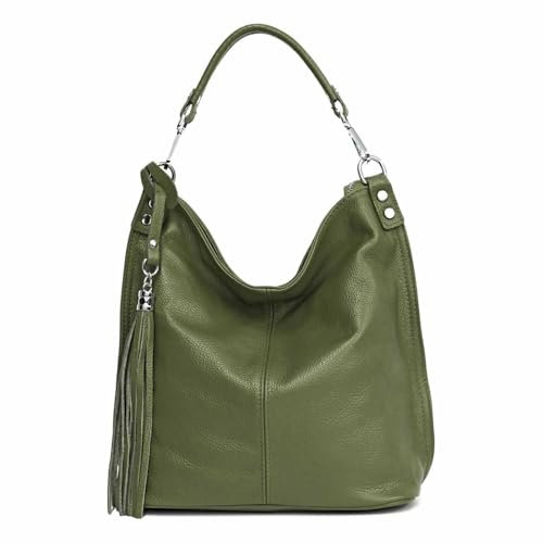 OBC Made IN Italy Damen XL Leder Tasche Business Shopper Schultertasche Ledertasche Umhängetasche Handtasche Nappaleder Olivgrün